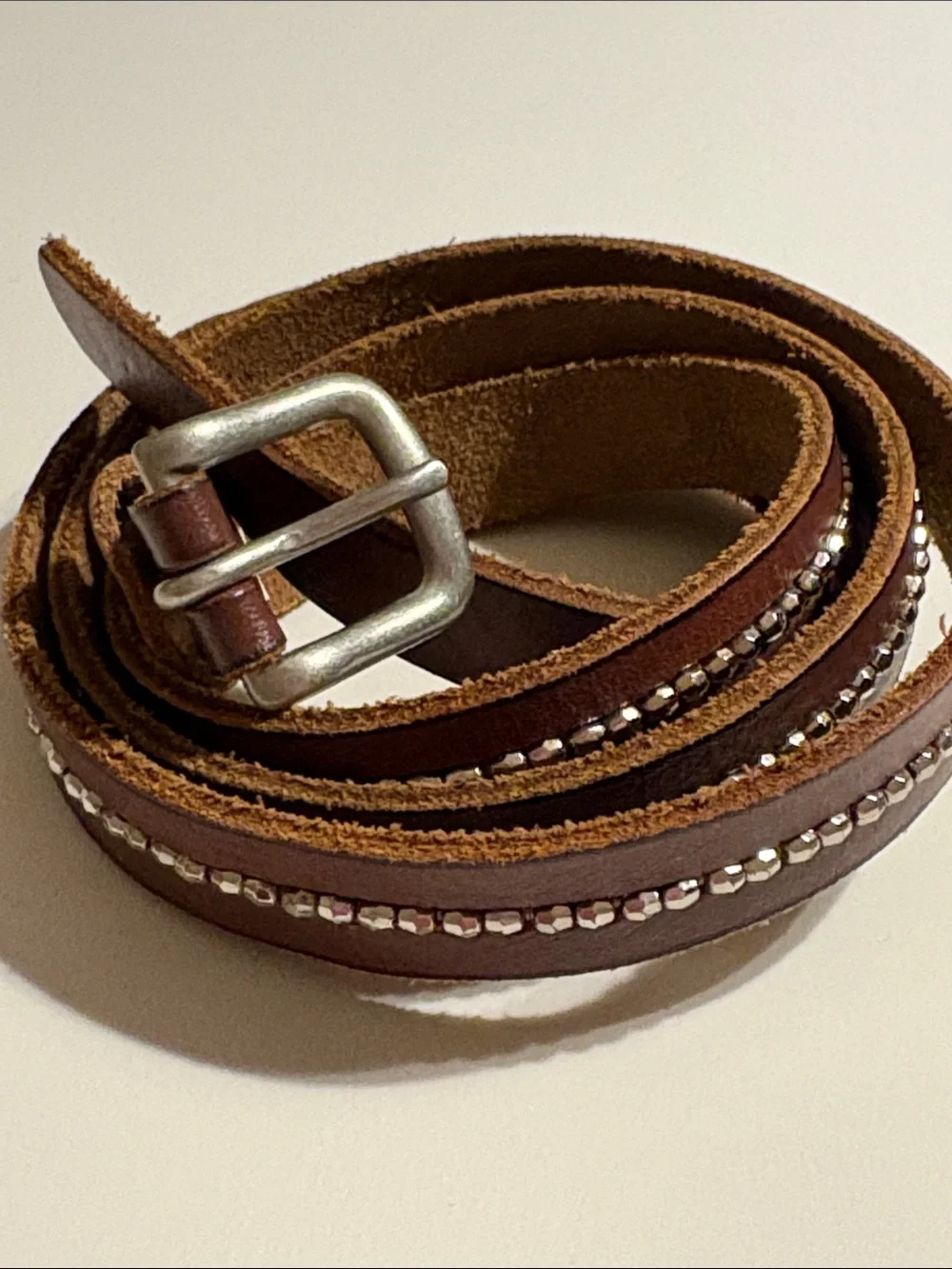 Women’s Hollister brown cowhide leather belt gem embellished XL brown silver